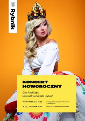 Plakat koncertu noworocznego ze zdjęciem Cleo i informacjami o dacie i miejscu koncertu