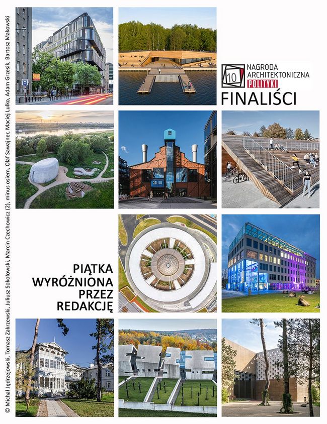 Kolaż zdjęć obiektów nominownych do nagrody architektonicznej