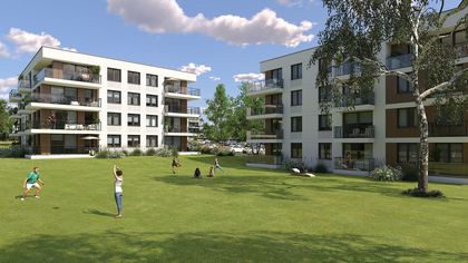 Wizualizacja budynku na ul. Frontowej. Wokół budynku znajdują się drzewa.