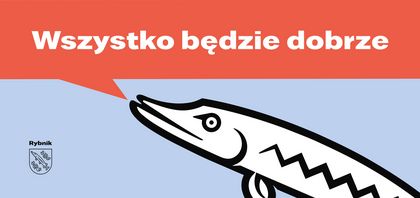 7 wszystkie wyjazd Grafika - biały szczupak z czarnymi konturami na niebieskim tle oraz biały napis na czerwonym tle