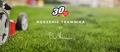 Trwanik, na jego tle napis koszenie trawnika i logo Wielkiej Orkiestry Świąteczenj Pomocy