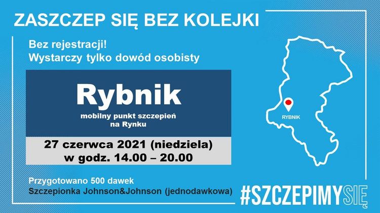Grafika informująca o mobilnym punkcie szczepień w Rybniku.