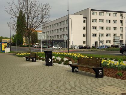 Skwer w śródmieściu. Na dalszym planie trzypiętrowy budynek urzędu skarbowego