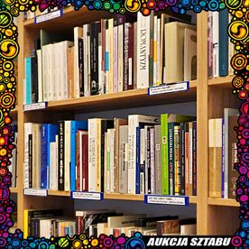 Grafika promująca aukcję WOŚP - Buszowanie w Bibliotece Rybnickiej - 50 książek do wzięcia