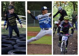 Kolaż trzech zdjęć sportowców: uczestnika biegu z przeszkodami, baseballisty i kolarzy. 