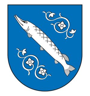 Herb Rybnik. Srebrny szczupak w niebieskim polu