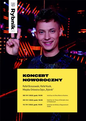 Plakat koncertu noworocznego ze zdjęciem Rafała Kozika i informacjami o dacie i miejscu koncertu
