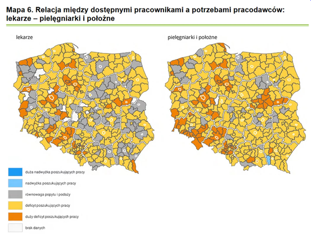 Mapa - Relacja między dostępnymi pracownikami medycznymi a potrzebami pracodawców.
