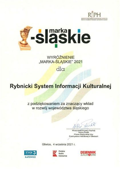 Skan dyplomu za otrzymanie wyróżnienia w konkursie Marka Śląskie 
