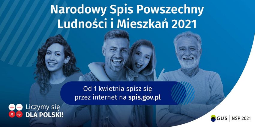 Grupa 4 osób w różnym wieku na niebieskim tle. Napis Narodowy Spis Powszechny. Od 1 kwietnia spisz się przez internet.