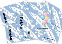 Kilka nałożonych na siebie kart "Rybka", Z prawej strony urodzinowe baloniki