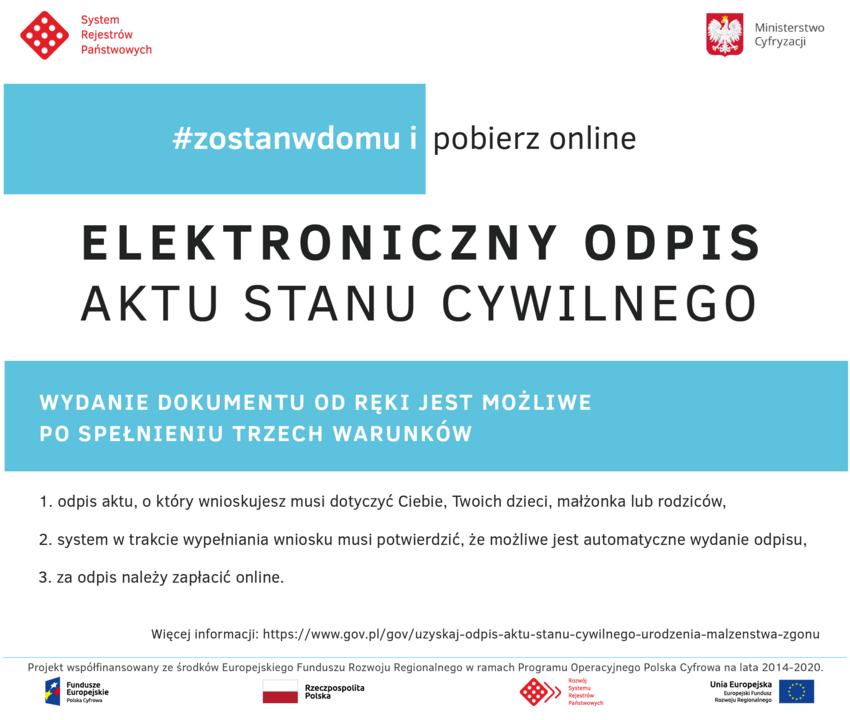 Grafika na temat uzyskania odpisu aktu stanu cywilnego online - czarne napisy na białym tle, wyróżnione elementy na tle niebieskim. U góry i u dołu strony logotypy. 