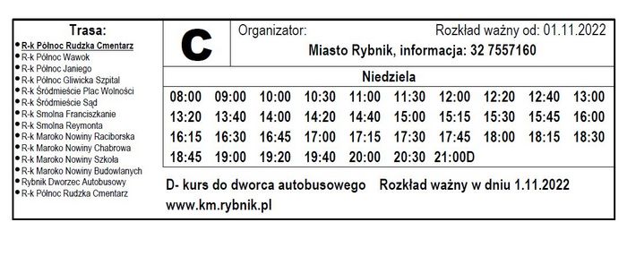 Rozkład jazdy autobusu linii C. Kliknij, żeby pobrać plik PDF