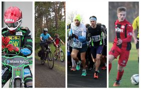 Kolaż 4 zdjęć sportowców - żużlowiec, rowerzyści, biegacze, piłkarz.