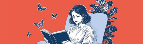grafika kobiety siedzącej na fotel i czytającej książkę