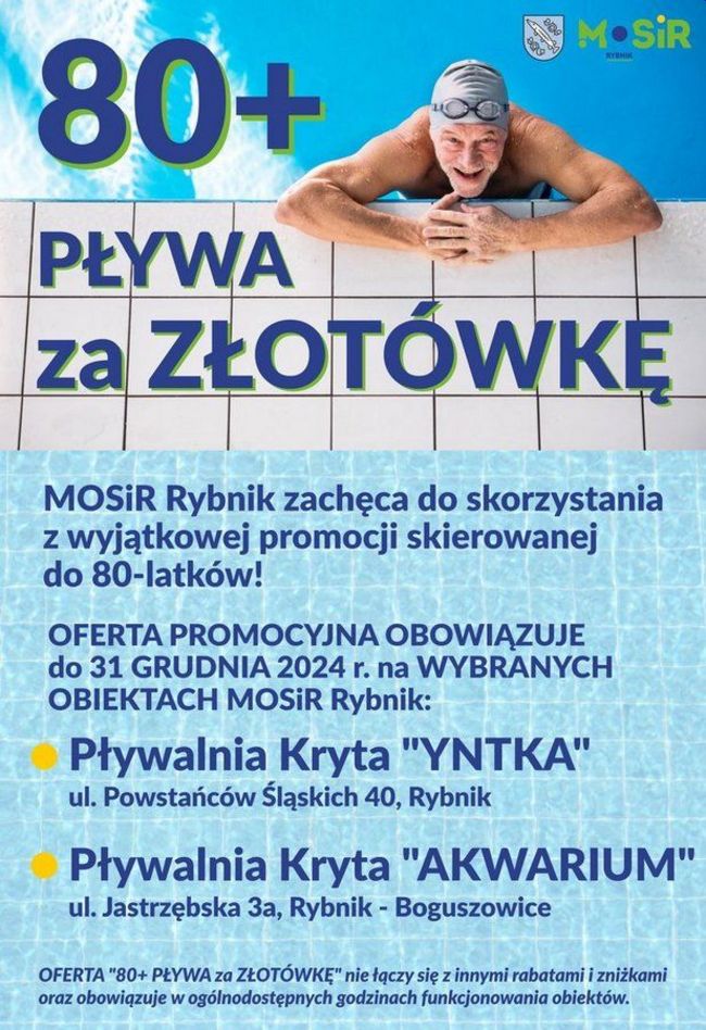 Plakat informujący o akcji 80+ plywa za złotówke