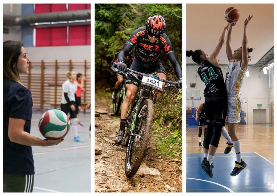 Grafika przedstawiająca kolaż zdjęć, na których są osoby uprawiające sport: siatkówkę, kolarstwo i koszykówkę. 