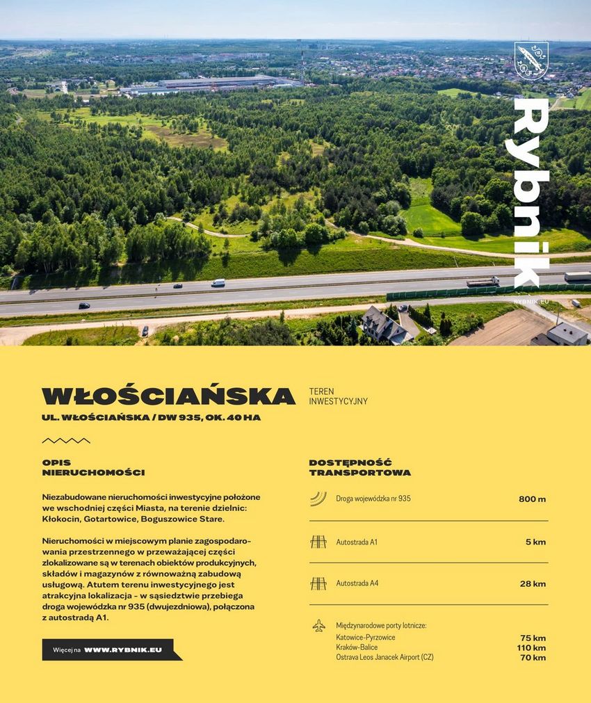 Karta inwestycyjna terenu przy ul. Włościańskiej, zdjęcie terenu wraz z opisem na żółtym tle.