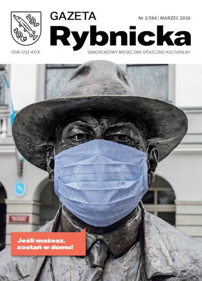 Okładka bieżącego numeru Gazety Rybnickiej - pomnik burmistrza Webera, na twarzy burmistrza maseczka chirurgiczna