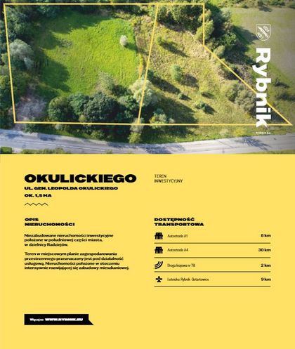 Oferta terenu inwestycyjnego - obrys terenu na zdjęciu obszaru oraz informacje o terenie. 