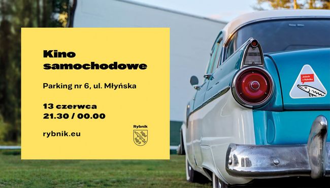 Tył samochodu oraz grafika w ramce, informująca o kinie samochodowym
