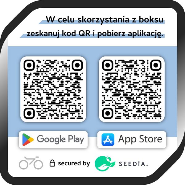 Zrzut ekranu z QR kodami do pobrania aplikacji Boks rowerowy Rybnik 
