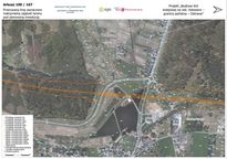 Mapa przebiegu linii kolejowej na tle zdjęcia lotniczego