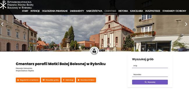 Zrzut strony wyszukiwarki grobów na cmentarzu parafialnym w Rybniku