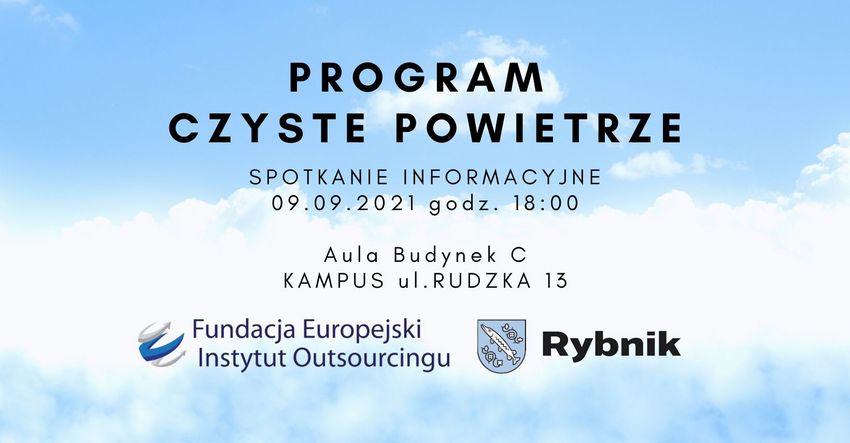 Grafika przedstawiająca niebo. Na jego tle informacja o spotkaniu w ramach programu Czyste Powietzre 