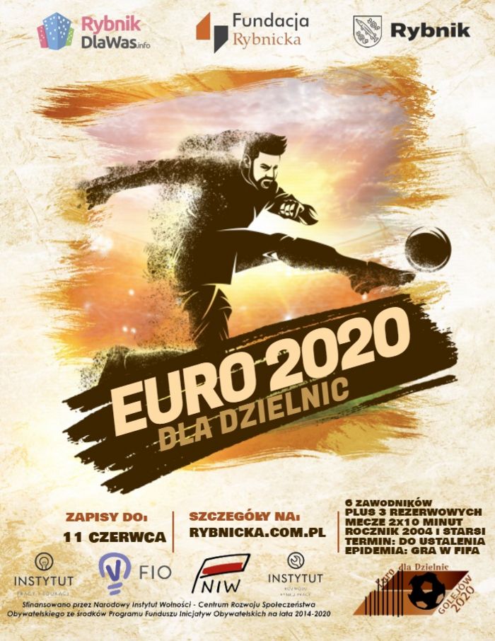 Grafika z motywem piłkarza - zapowiedź turnieju piłkarskiego Euro 2020 dla rybnickich dzielnic