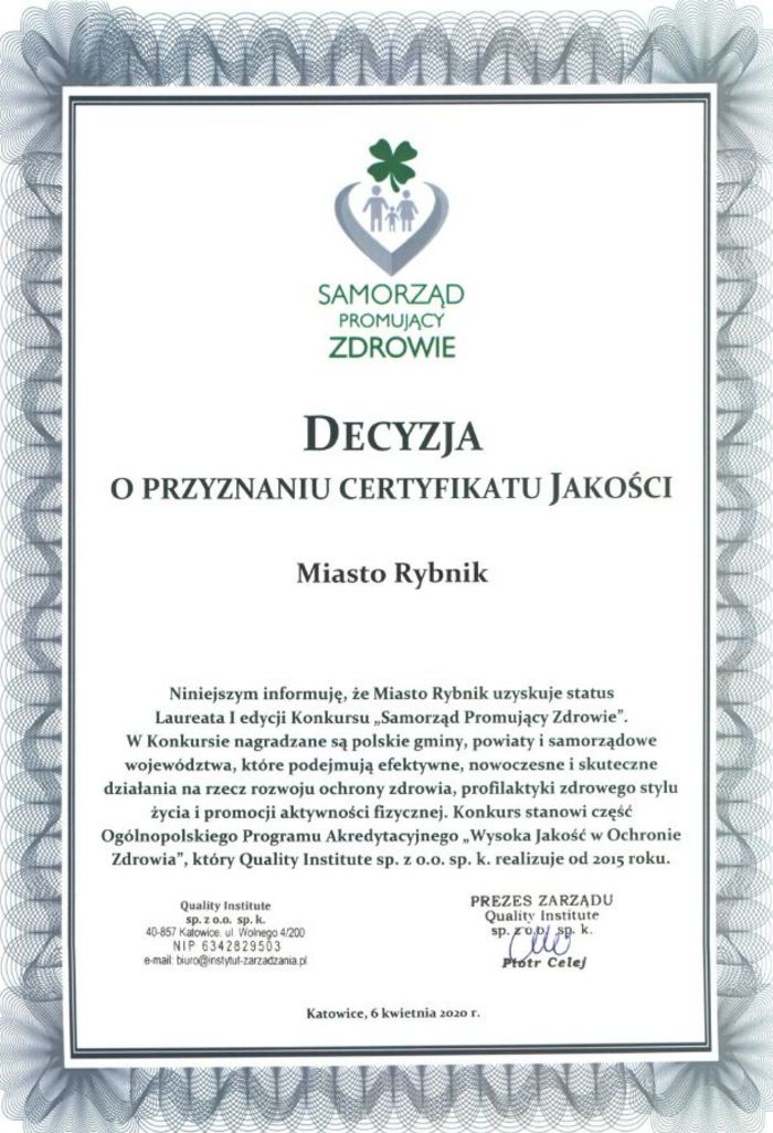 Dyplom laureata konkursu "Samorząd Promujący Zdrowie"
