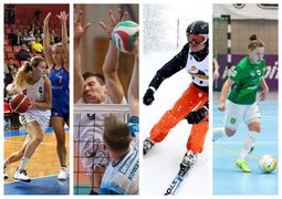 Kolaż 4 zdjęć sportowców uprawiających koszykówkę, siatkówkę, narciarstwo oraz futsal