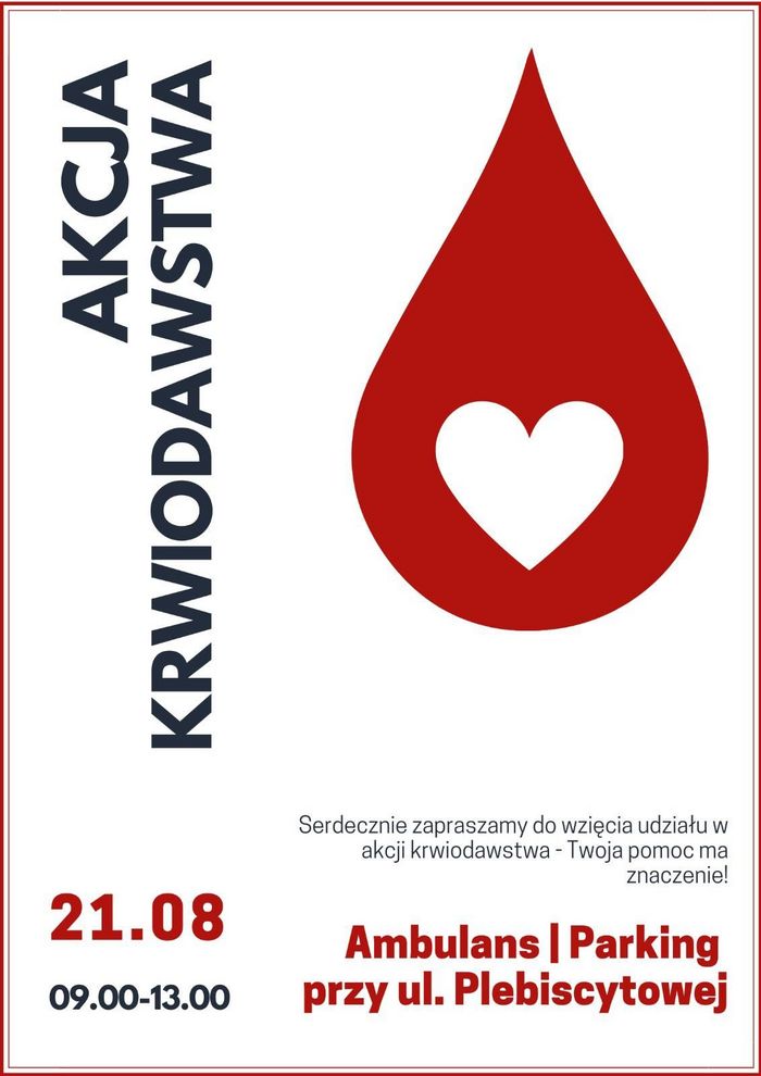 Plakat z grafiką obrazującą kroplę krwi i zachętą do oddawania krwi z mobilnym ambulansie