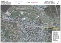 Mapa przebiegu linii kolejowej na tle zdjęcia lotniczego