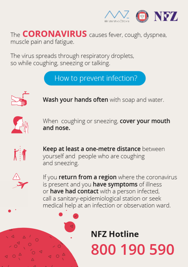 Koronawirus ang Grafika z zaleceniami jak postępować, by uchronić się przed zarażeniem przed koronawirusem.