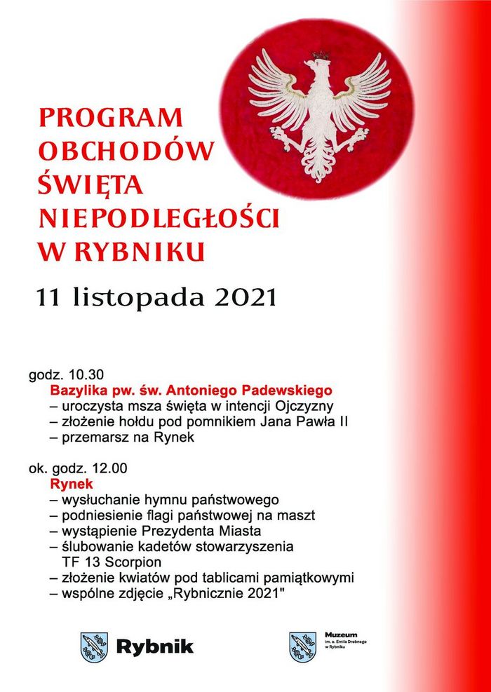 Biało-czerowny plakat z programem Święta Niepodległości. W prawym górnym roku orzeła biały, na dole strony herb miasta i logo muzeum