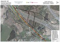 Mapa przebiegu linii kolejowej na tle zdjęcia lotniczego