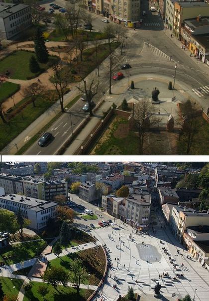 Plac z lotu ptaka - zestawienie dwóch zdjęć: kiedyś i dziś 