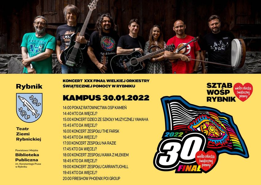 Plakat 30 finału Wielkiej Orkiestry Świątecznej Pomocy w Rybniku. U góry zdjęcie zespołu Carrantuohill. Poniżej na żółtym tle program wydarzenia oraz logo miasta i WOŚP