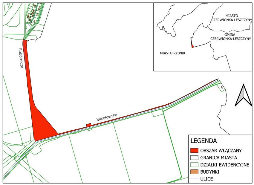 Mapa orientacyjna przedstawiająca zmianę granicy administracyjnej pomiędzy Miastem Rybnikiem a Gminą Czerwionka Leszczyny