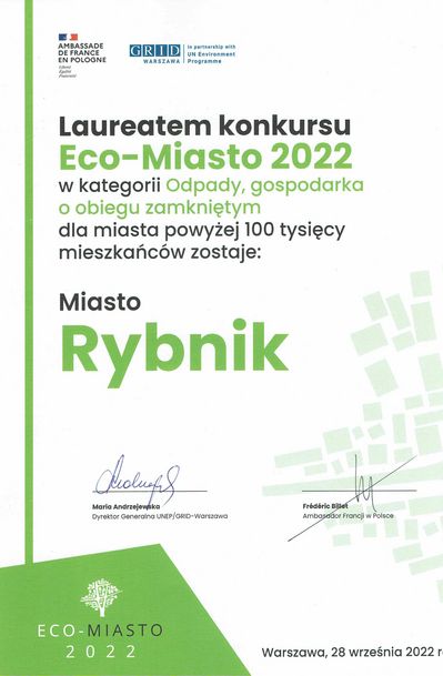 Skan dyplomu przyznanego w ramach tegorocznej edycji projektu Eco-miasto