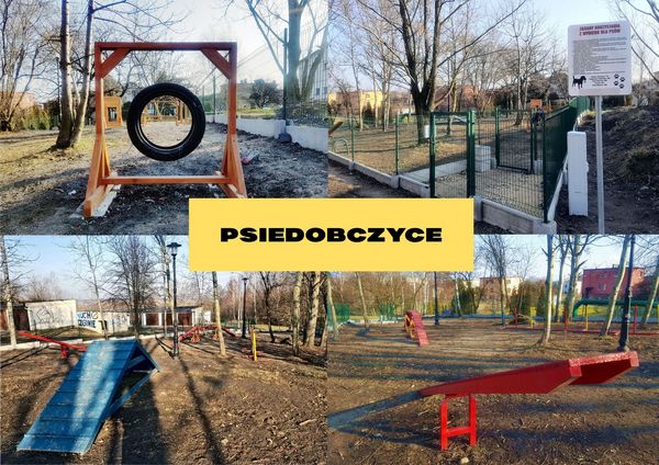 Psiedobczyce1 Element dekoracyjny - kolaż czterech zdjęć z elementami placu zabaw dla psów.