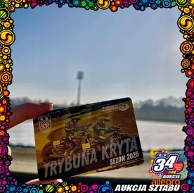 Grafika promująca aukcję WOŚP - Roczny karnet na żużel ROW Rybnik sezon 2026 trybuna kryta!