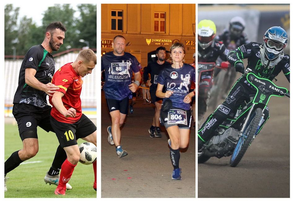 Kolaż trzech zdjęć osób uprawniających sport: piłkę nożną, biegi i żużel. 