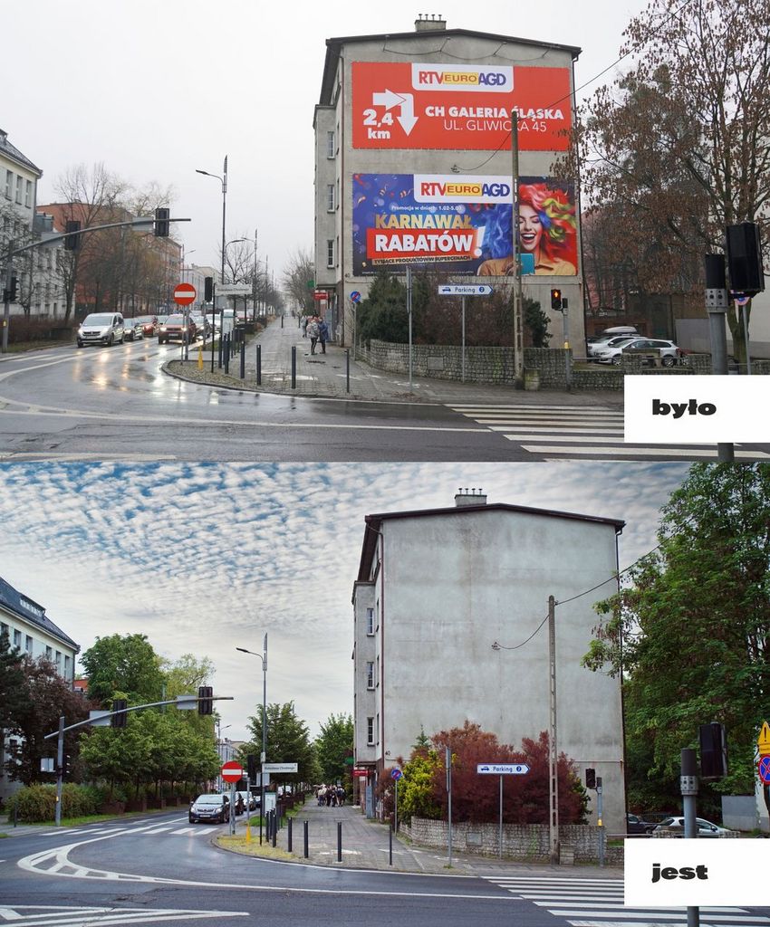 Porównanie fasady budynku z reklama i bez