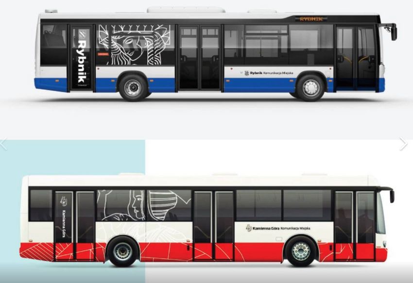 Grafika porównująca system identyfikacji wizualnej Rybnika i Kamiennej Góry - ekspozycja na autobusach miejskich