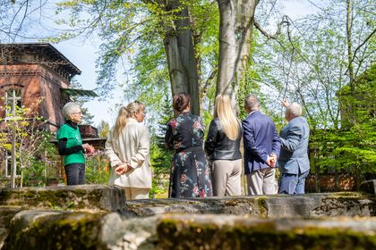 Spotkanie kilku osób przy pomniku przyrody - dwóch zrośnietych bukach
