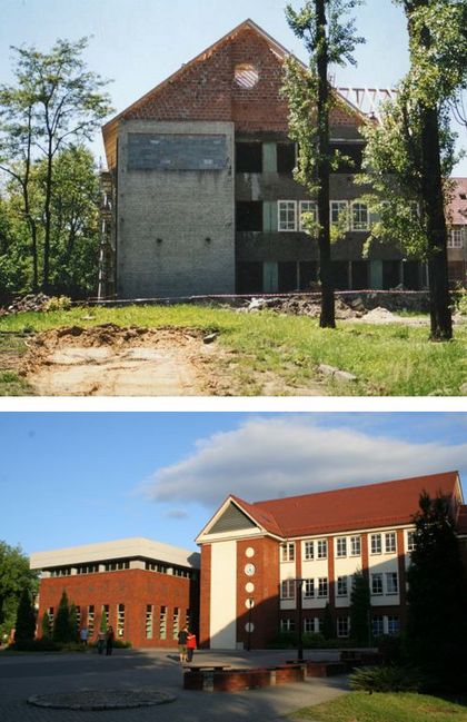Budynek kampusu - zestawienie dwóch zdjęć: kiedyś i dziś 