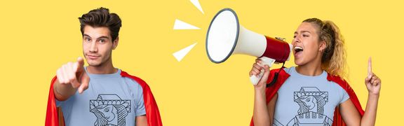 grafika z mężczyzną i kobietą trzymającą megafon
