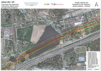Mapa przebiegu linii kolejowej na tle zdjęcia lotniczego